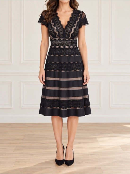 JS Collections Dresses & Skirts - NWT JS Collections Black Nude Lace Illusion Midi Dress Sheer Stripe Size 6 NEW